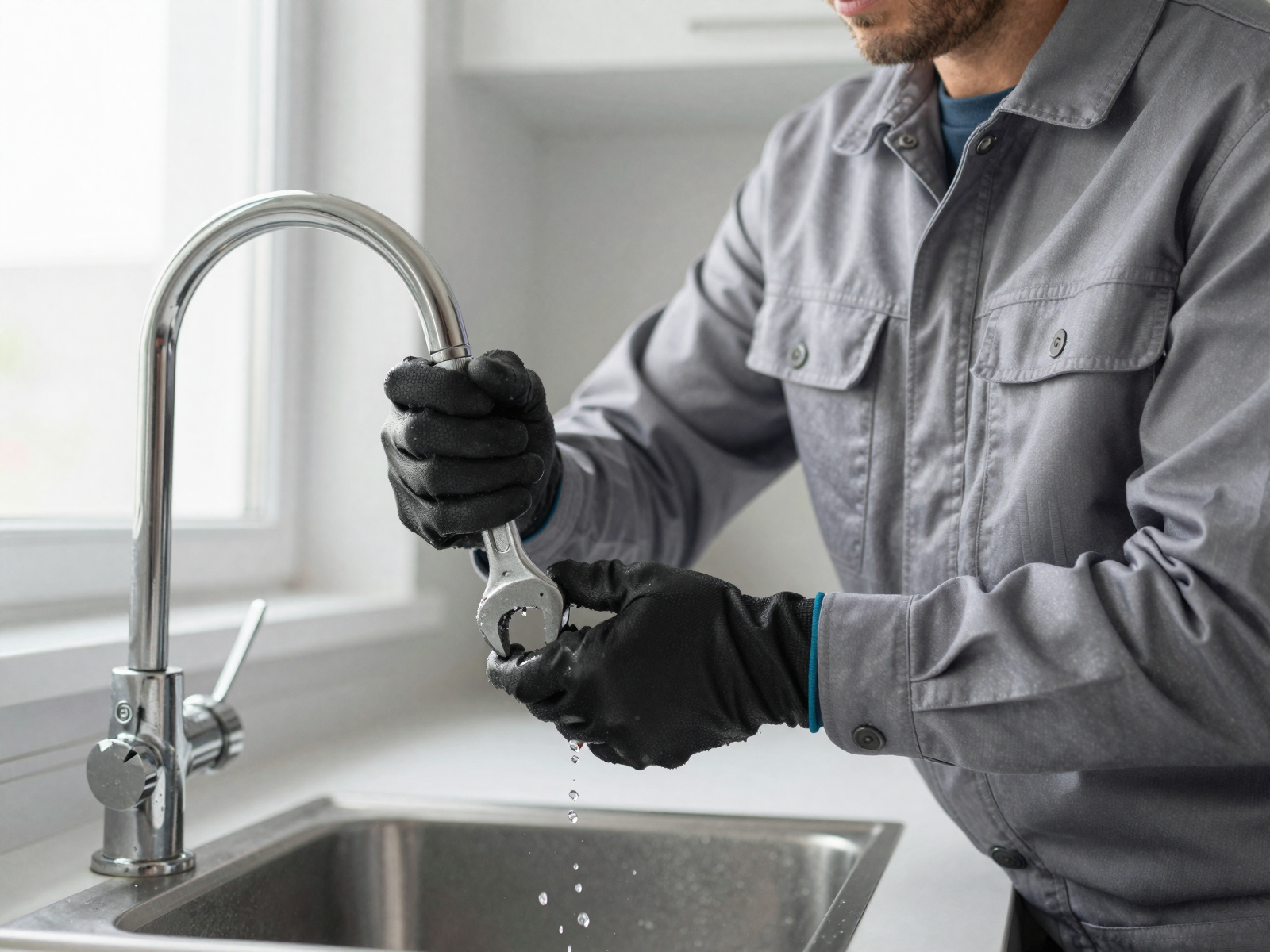 Professional plumber fixing residential faucet
