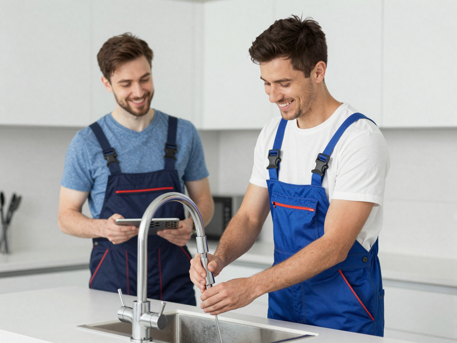 Satisfied homeowner with fixed plumbing system